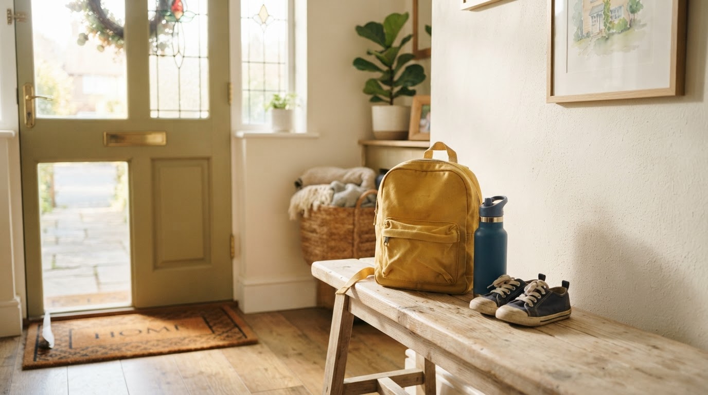 A yellow backpack by an open front door